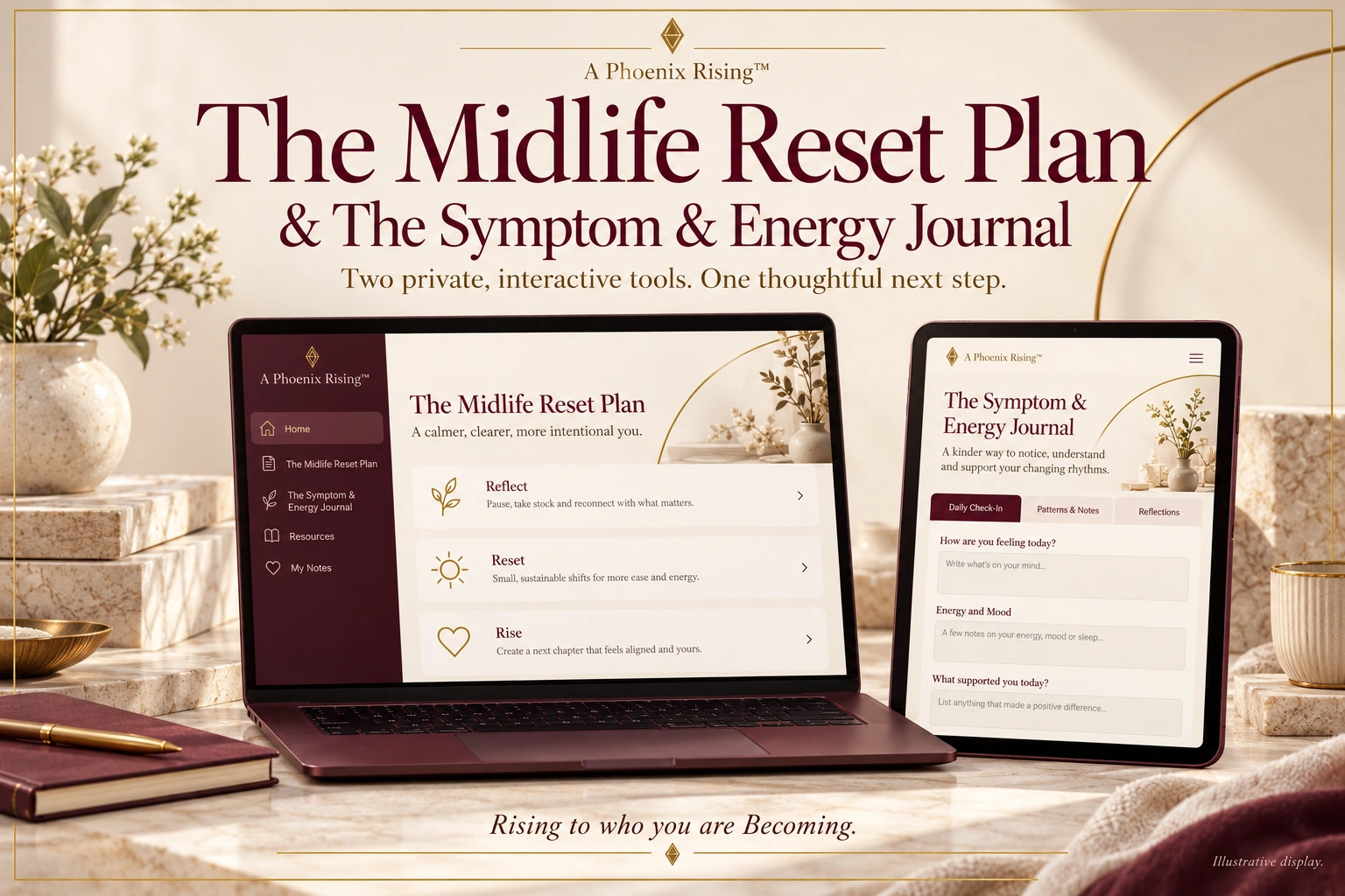 Premium ivory, burgundy and gold Midlife Reset Plan and Symptom and Energy Journal bundle cover